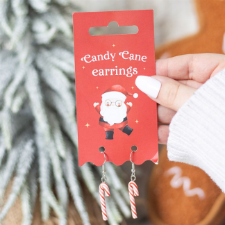 Red and white striped candy cane dangle earrings with festive design, perfect for Christmas outfits and seasonal gifting.