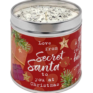 Festive Secret Santa tin candle with cranberries and orange fragrance, juicy red fruits and rhubarb notes, sparkly topping, perfect Christmas gift.
