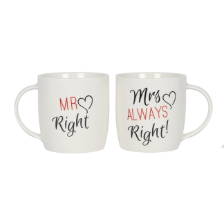 Boxed set of two ceramic mugs labeled Mr Right and Mrs Always Right, humorous wedding gift for couples.