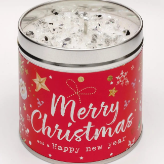 Merry Christmas & Happy New Year Tin Candle with bergamot, citrus, neroli, cyclamen, and sandalwood fragrance — festive holiday gift