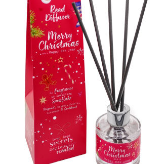 Merry Christmas 50ml sparkly reed diffuser with bergamot, citrus, neroli, cyclamen, and sandalwood fragrance — festive home gift.
